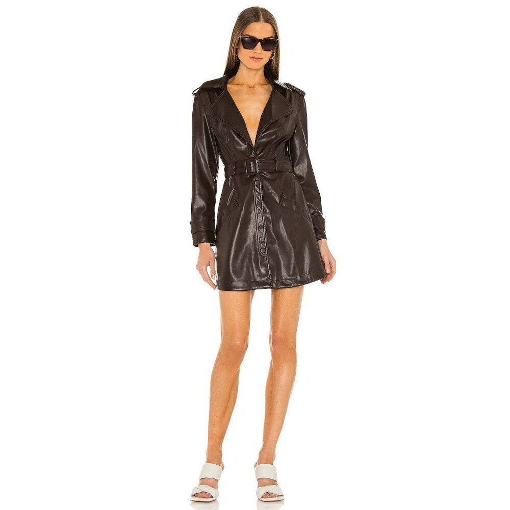 Jonathan Simkhai Chandler Vegan Leather Trench Mini Dress in Chocolate XSmall